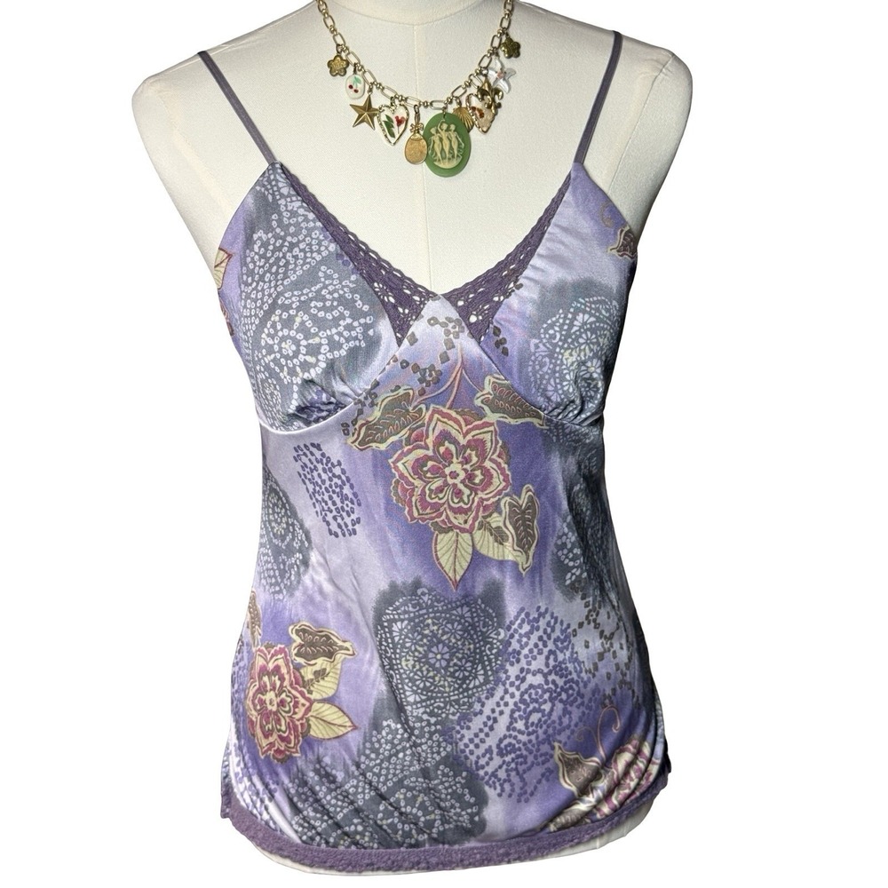 Vtg Xhilaration Small Y2K satin babydoll cami top lace trim floral preppy fairy